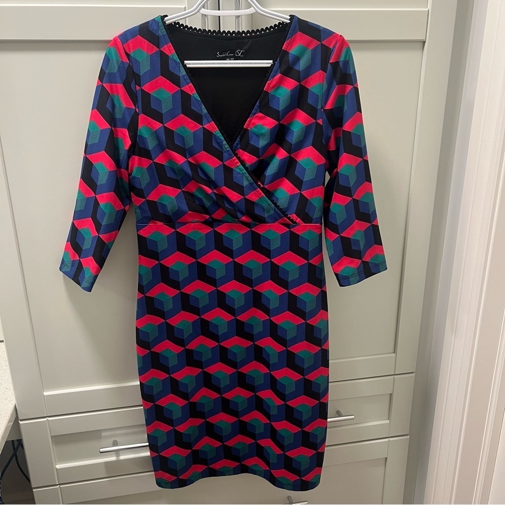 SMASHED LEMON Stretch Lined Crossover Top Geometric Patterned Dress | Size 6